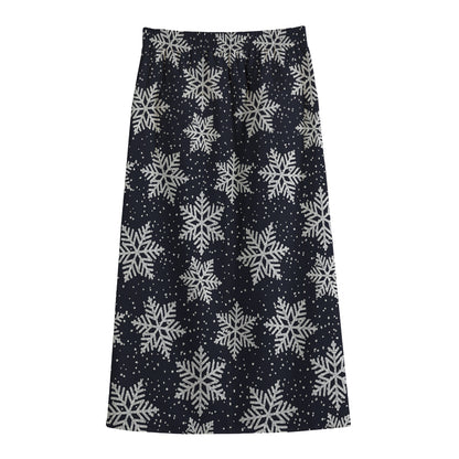 Blue And Silver Snowflake Pattern Print Cotton Front Slit Maxi Skirt