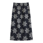 Blue And Silver Snowflake Pattern Print Cotton Front Slit Maxi Skirt