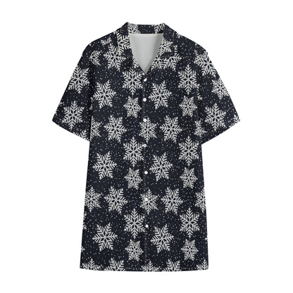 Blue And Silver Snowflake Pattern Print Cotton Hawaiian Shirt