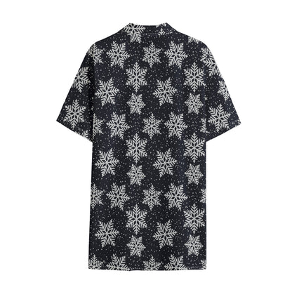 Blue And Silver Snowflake Pattern Print Cotton Hawaiian Shirt