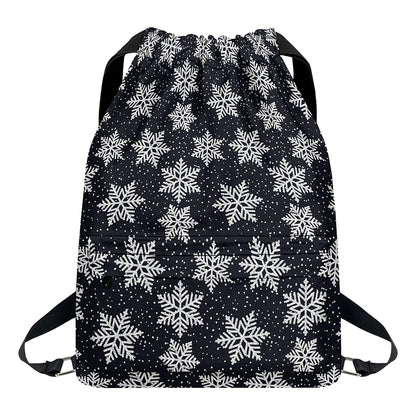 Blue And Silver Snowflake Pattern Print Drawstring Backpack