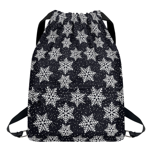 Blue And Silver Snowflake Pattern Print Drawstring Backpack