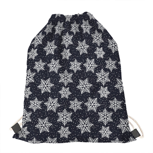 Blue And Silver Snowflake Pattern Print Drawstring Bag