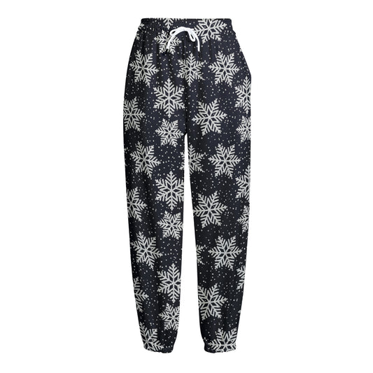 Blue And Silver Snowflake Pattern Print Fleece Lined Knit Pants