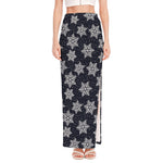 Blue And Silver Snowflake Pattern Print High Slit Maxi Skirt