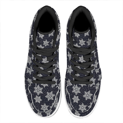 Blue And Silver Snowflake Pattern Print High Top Leather Sneakers