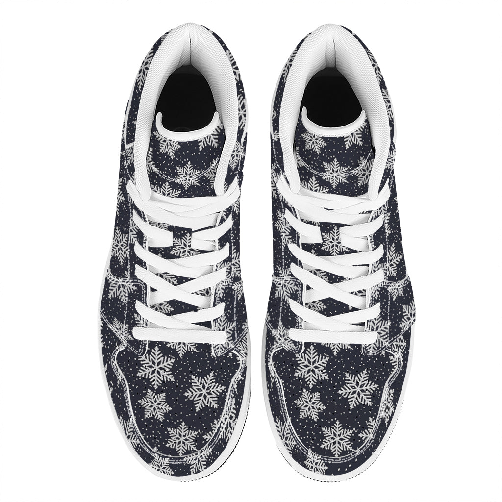 Blue And Silver Snowflake Pattern Print High Top Leather Sneakers