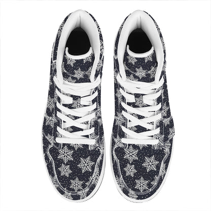 Blue And Silver Snowflake Pattern Print High Top Leather Sneakers
