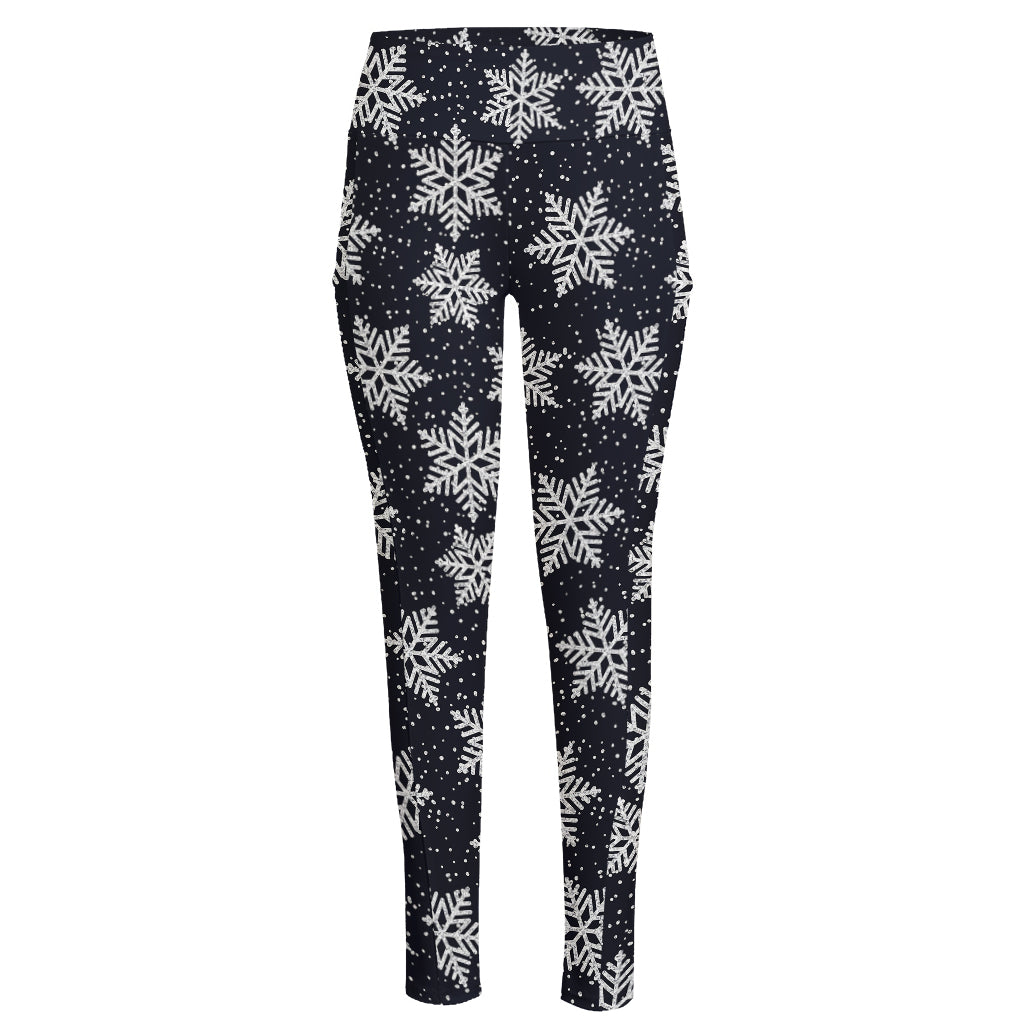 Blue And Silver Snowflake Pattern Print High-Waisted Pocket Leggings