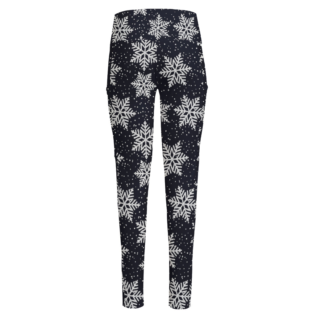 Blue And Silver Snowflake Pattern Print High-Waisted Pocket Leggings
