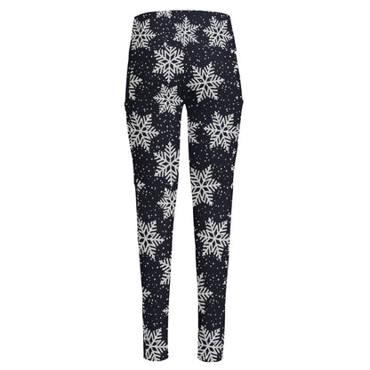 Blue And Silver Snowflake Pattern Print High-Waisted Pocket Leggings