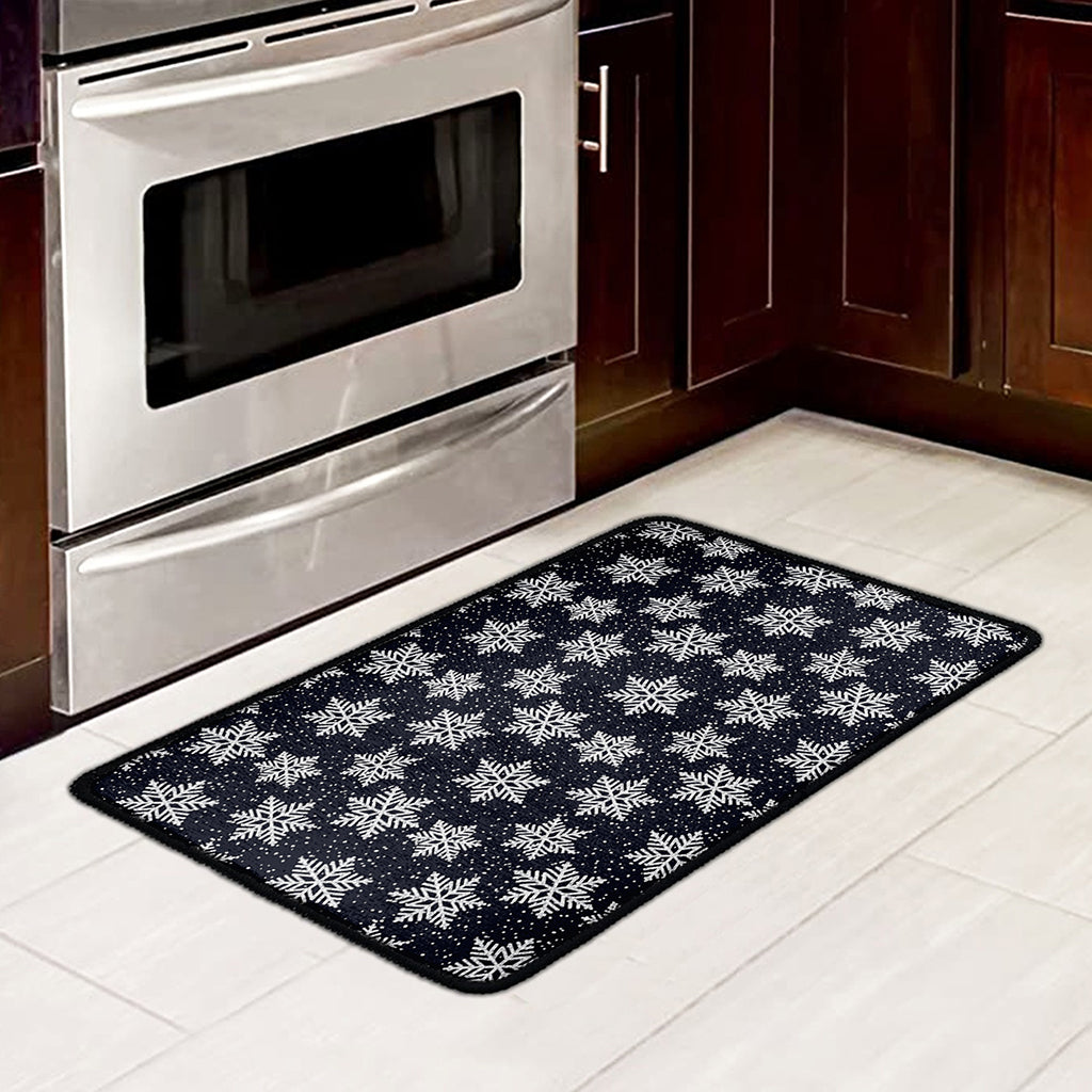 Blue And Silver Snowflake Pattern Print Kitchen Mat