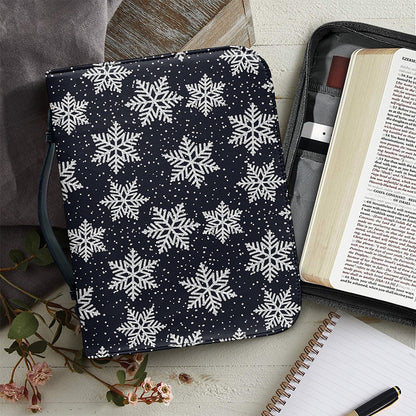 Blue And Silver Snowflake Pattern Print Leather Bible Cover