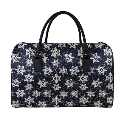Blue And Silver Snowflake Pattern Print Leather Duffle Bag