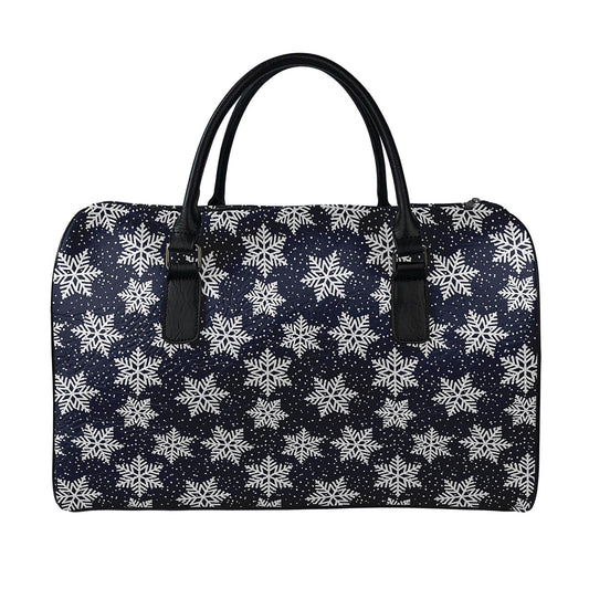 Blue And Silver Snowflake Pattern Print Leather Duffle Bag