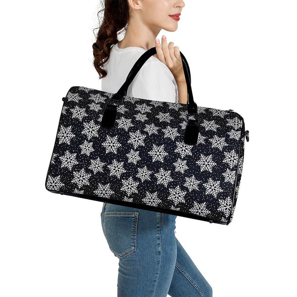 Blue And Silver Snowflake Pattern Print Leather Duffle Bag