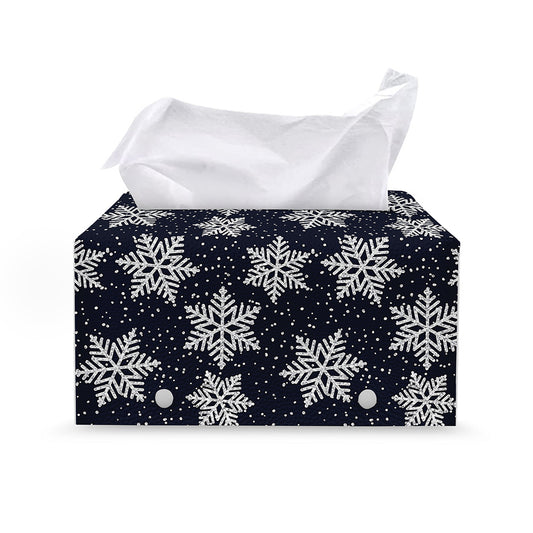 Blue And Silver Snowflake Pattern Print Leather Tissue Box Cover