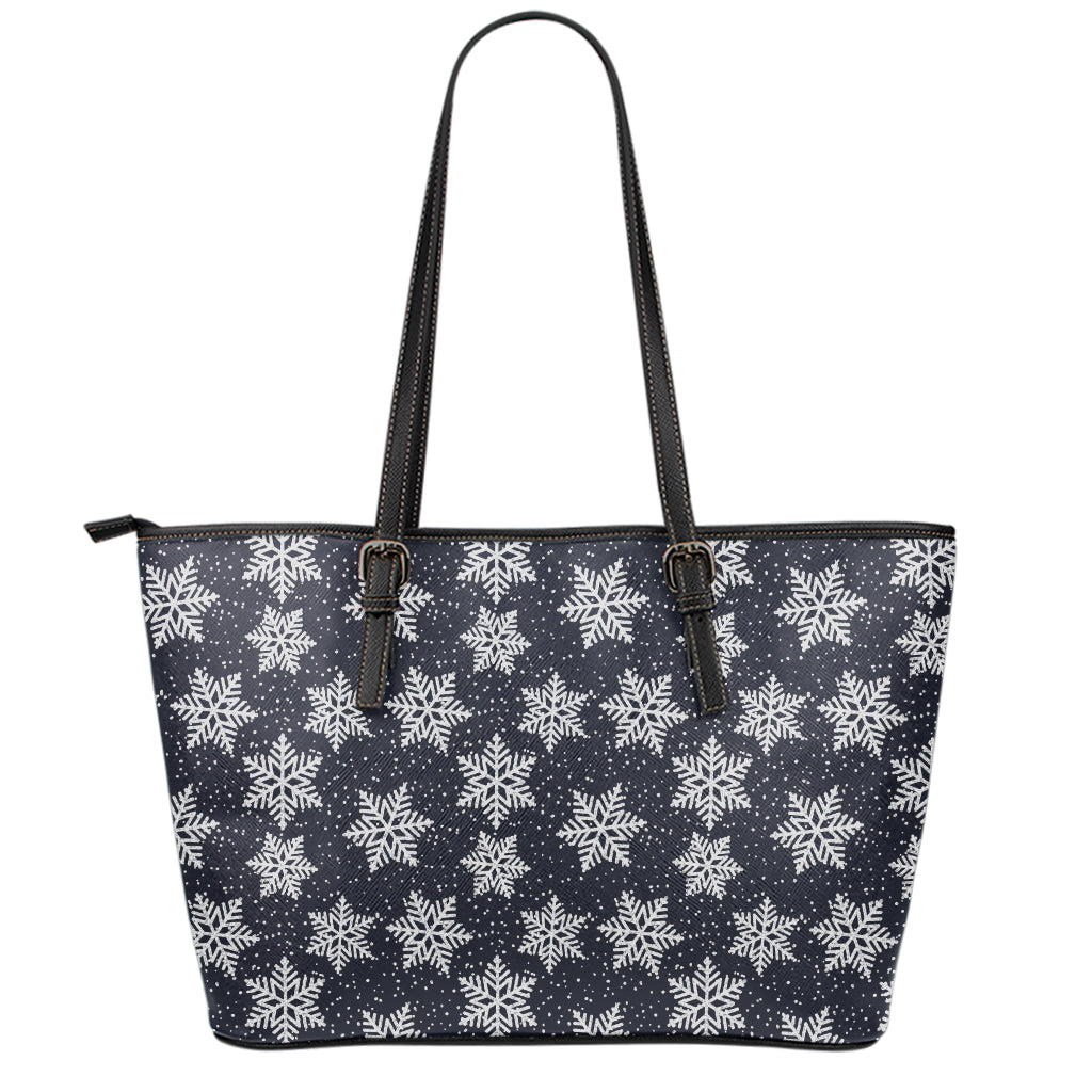 Blue And Silver Snowflake Pattern Print Leather Tote Bag