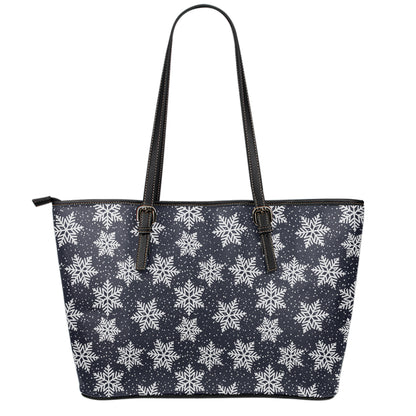 Blue And Silver Snowflake Pattern Print Leather Tote Bag
