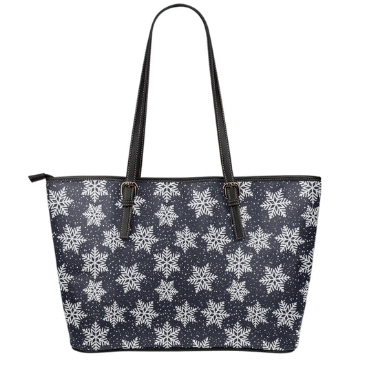 Blue And Silver Snowflake Pattern Print Leather Tote Bag