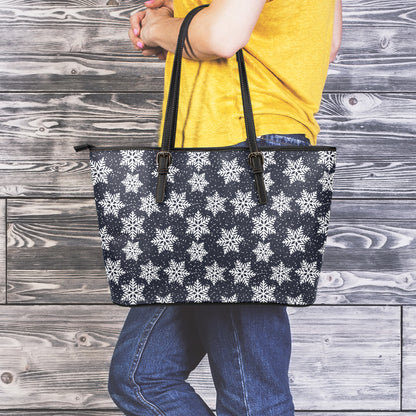 Blue And Silver Snowflake Pattern Print Leather Tote Bag