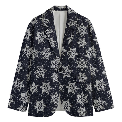 Blue And Silver Snowflake Pattern Print Men's Cotton Blazer