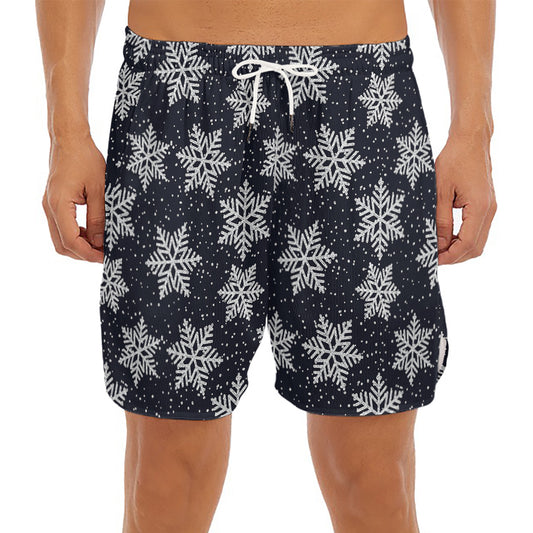 Blue And Silver Snowflake Pattern Print Men's Split Running Shorts