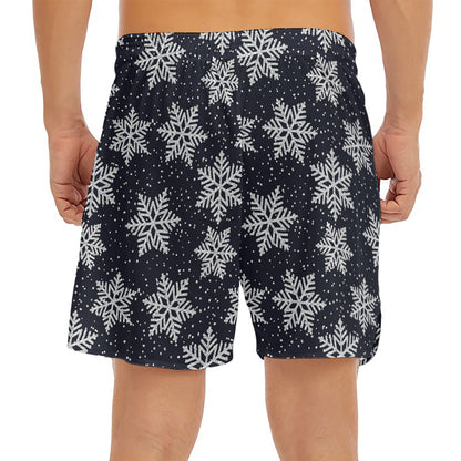 Blue And Silver Snowflake Pattern Print Men's Split Running Shorts