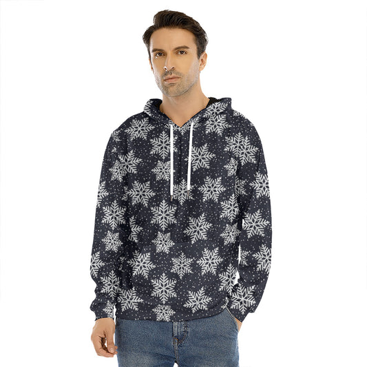 Blue And Silver Snowflake Pattern Print Men's Velvet Pullover Hoodie