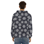 Blue And Silver Snowflake Pattern Print Men's Velvet Pullover Hoodie