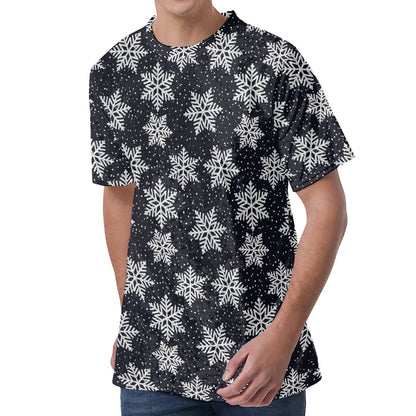 Blue And Silver Snowflake Pattern Print Men's Velvet T-Shirt