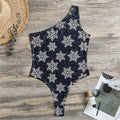 Blue And Silver Snowflake Pattern Print One Shoulder Bodysuit