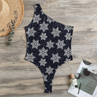 Blue And Silver Snowflake Pattern Print One Shoulder Bodysuit