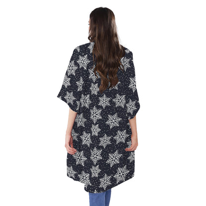 Blue And Silver Snowflake Pattern Print Open Front Beach Cover Up