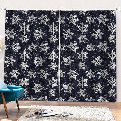 Blue And Silver Snowflake Pattern Print Pencil Pleat Curtains