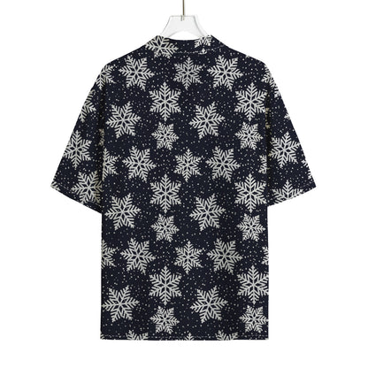 Blue And Silver Snowflake Pattern Print Rayon Hawaiian Shirt
