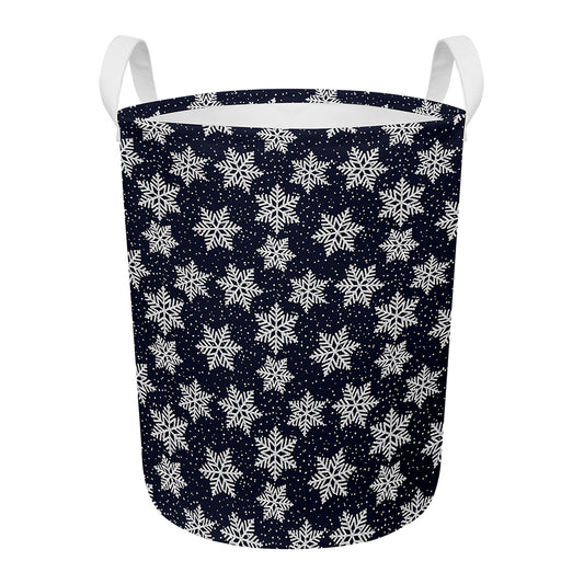 Blue And Silver Snowflake Pattern Print Round Laundry Basket