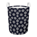 Blue And Silver Snowflake Pattern Print Round Laundry Basket