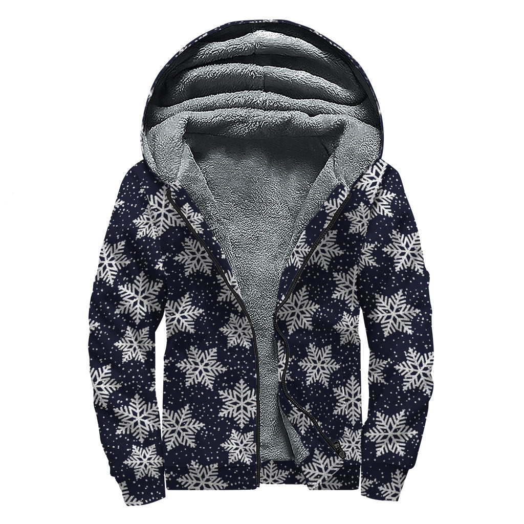 Blue And Silver Snowflake Pattern Print Sherpa Lined Zip Up Hoodie
