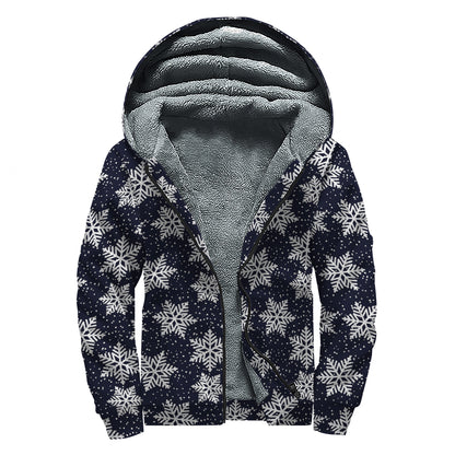 Blue And Silver Snowflake Pattern Print Sherpa Lined Zip Up Hoodie