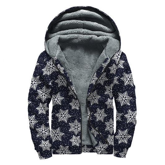 Blue And Silver Snowflake Pattern Print Sherpa Lined Zip Up Hoodie