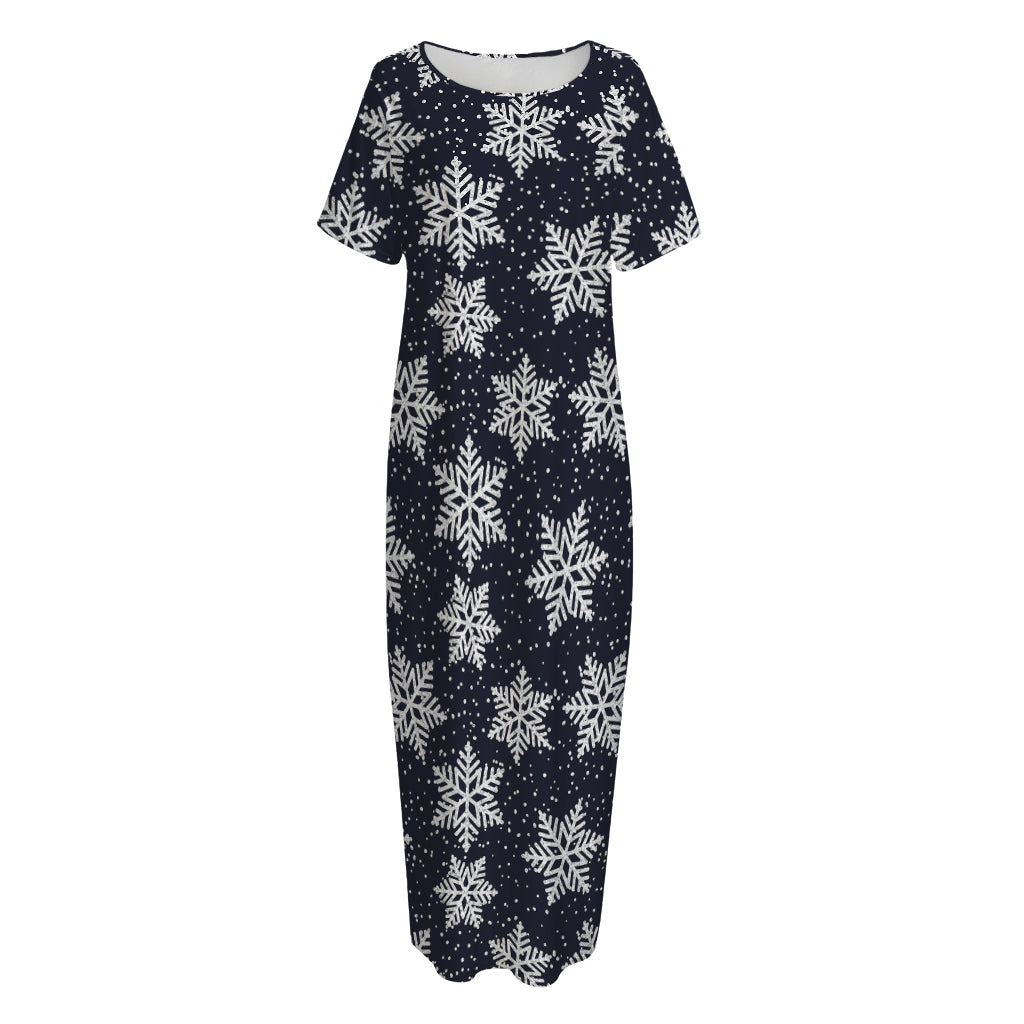 Blue And Silver Snowflake Pattern Print Short Sleeve Long Nightdress