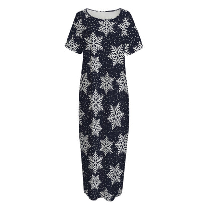 Blue And Silver Snowflake Pattern Print Short Sleeve Long Nightdress