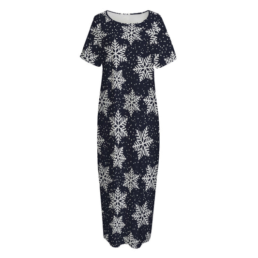 Blue And Silver Snowflake Pattern Print Short Sleeve Long Nightdress