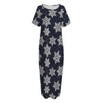 Blue And Silver Snowflake Pattern Print Short Sleeve Long Nightdress