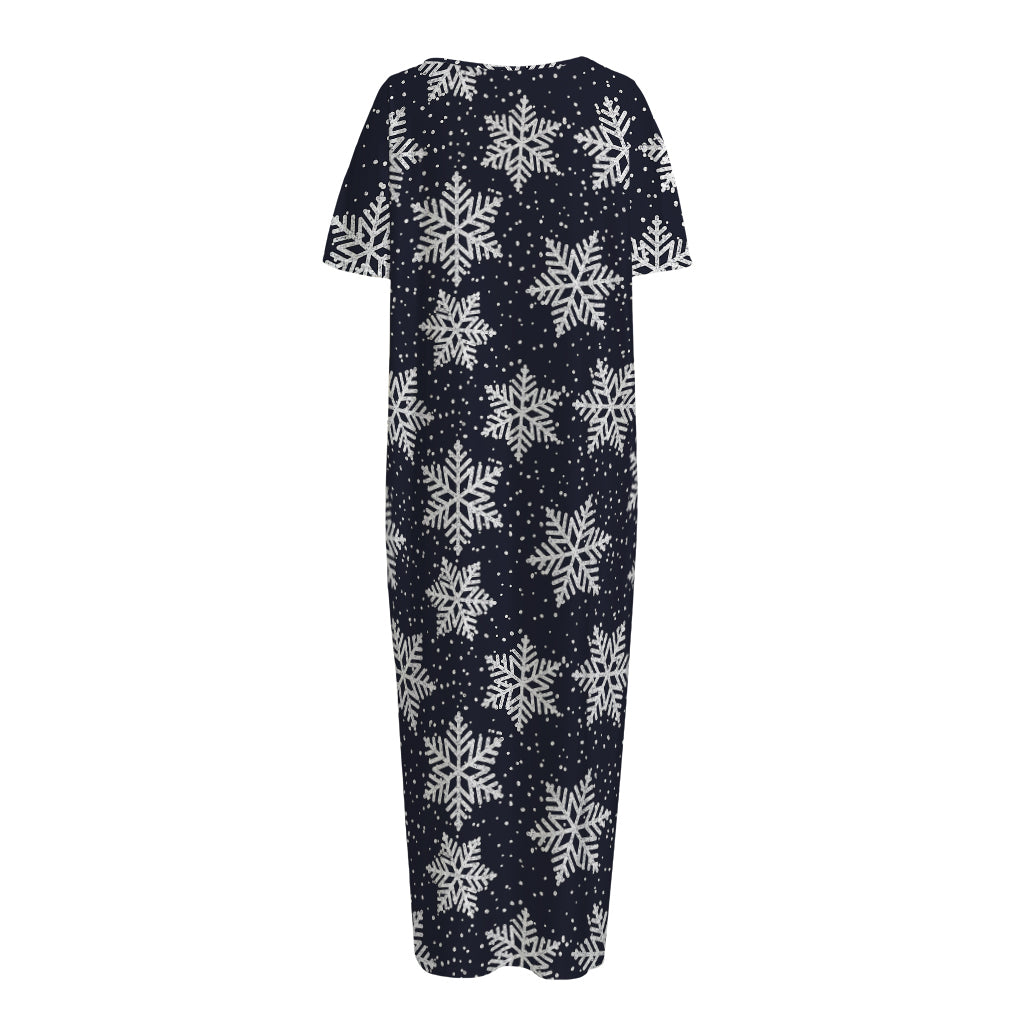 Blue And Silver Snowflake Pattern Print Short Sleeve Long Nightdress