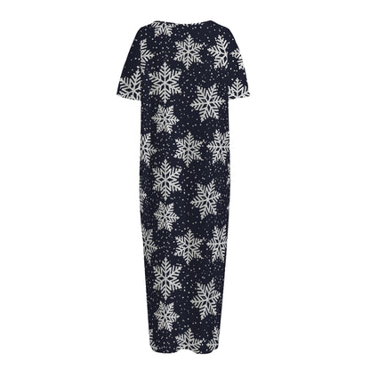 Blue And Silver Snowflake Pattern Print Short Sleeve Long Nightdress
