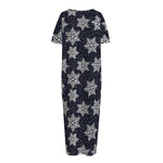 Blue And Silver Snowflake Pattern Print Short Sleeve Long Nightdress