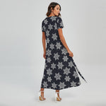 Blue And Silver Snowflake Pattern Print Short Sleeve Maxi Dress