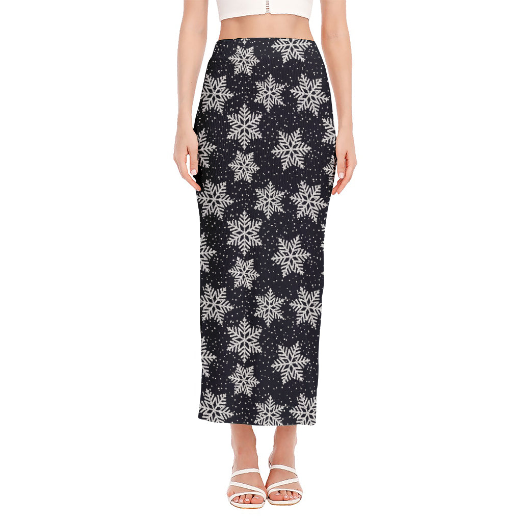 Blue And Silver Snowflake Pattern Print Side Slit Maxi Skirt
